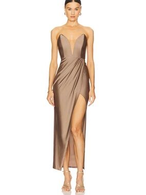 Michael Costello x Revolve Jake Gown Taupe Satin Slit Midi Dress XL